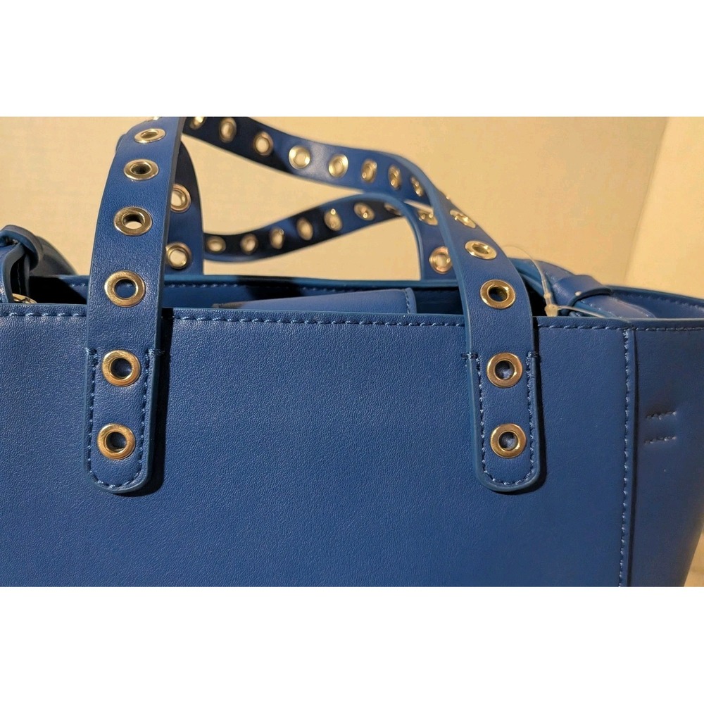 French Connection Purse Blue Faux Leather Bag Tote Grommets Double Handle - Picture 6 of 16